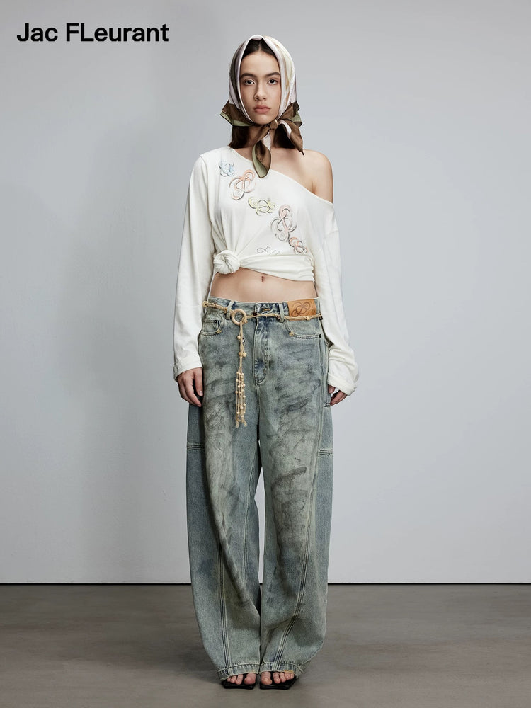 Colorful Logo One-Shoulder Long-Sleeve Top