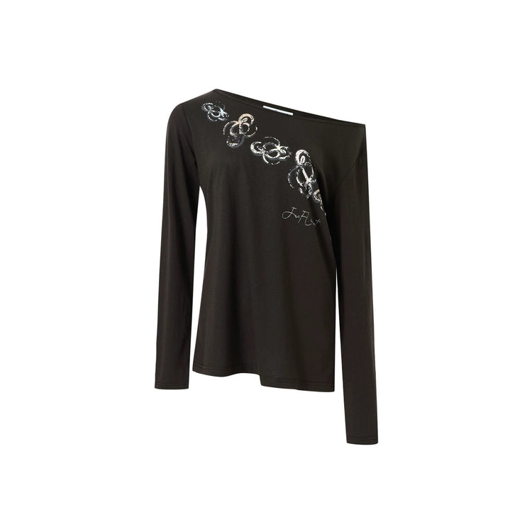 Colorful Logo One-Shoulder Long-Sleeve Top