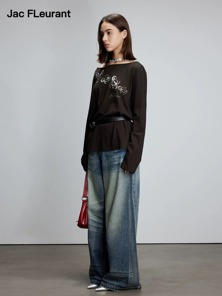 Colorful Logo One-Shoulder Long-Sleeve Top