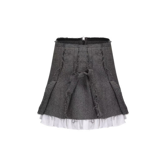 Frayed Patchwork Bow Pleated Skirt