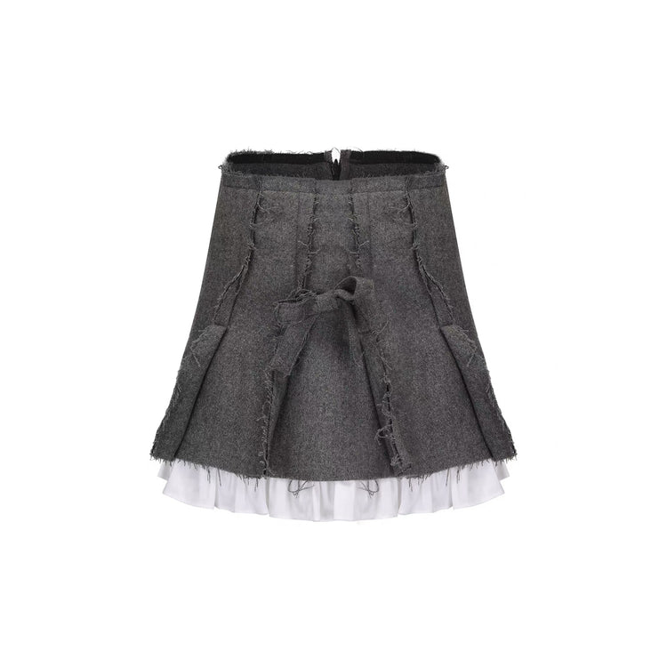 Frayed Patchwork Bow Pleated Skirt