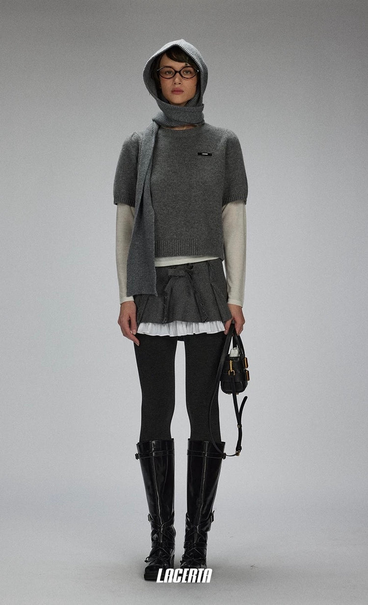 Frayed Patchwork Bow Pleated Skirt