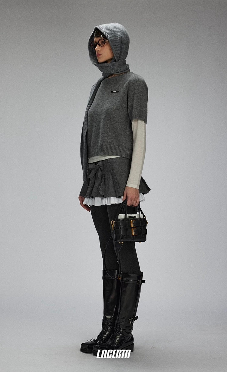 Frayed Patchwork Bow Pleated Skirt