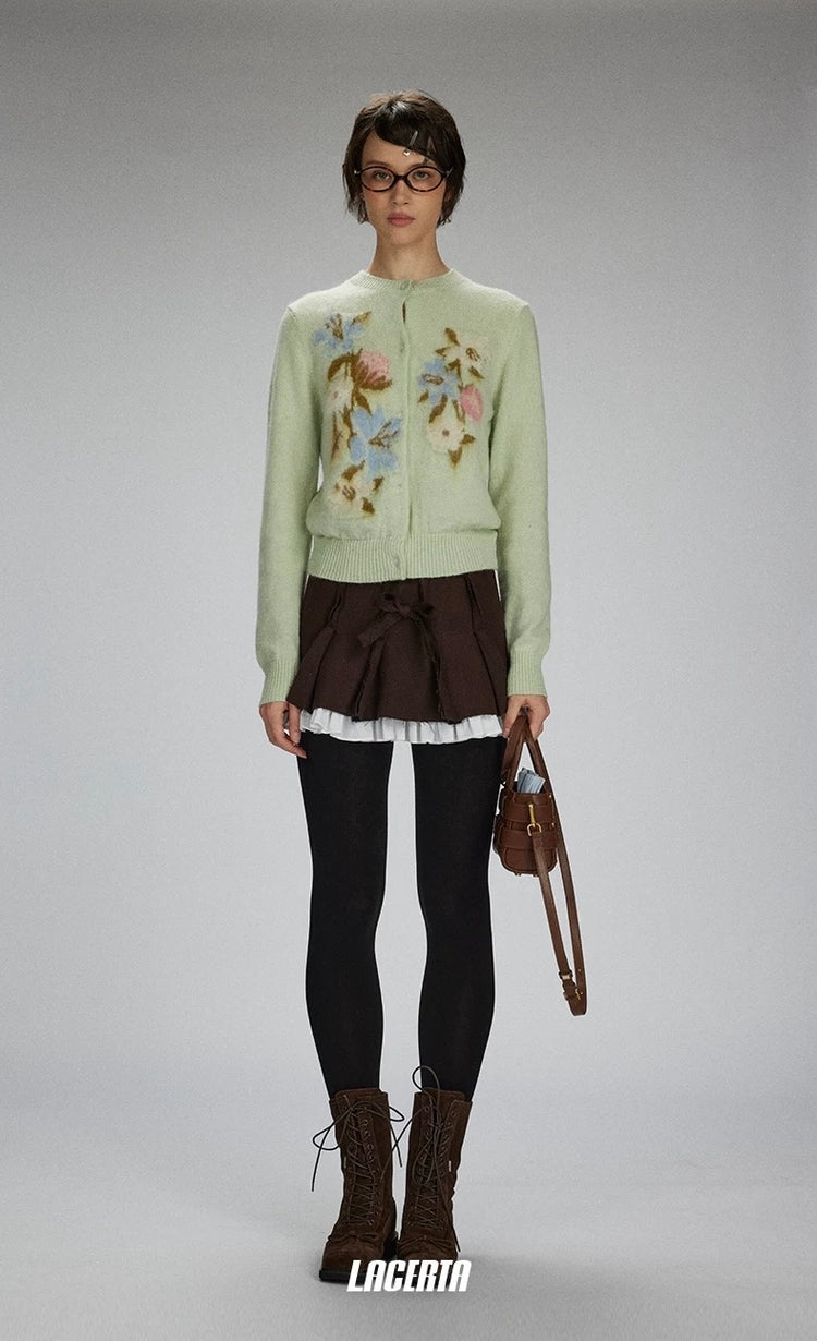 Frayed Patchwork Bow Pleated Skirt