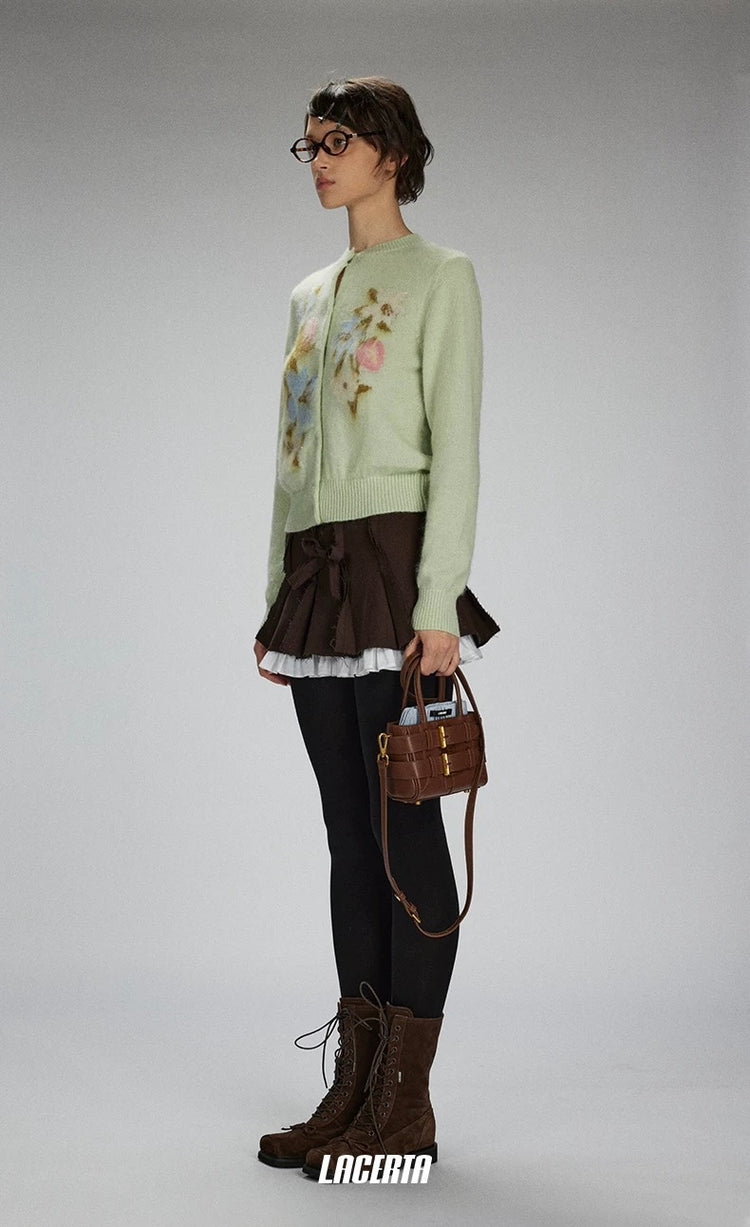 Frayed Patchwork Bow Pleated Skirt