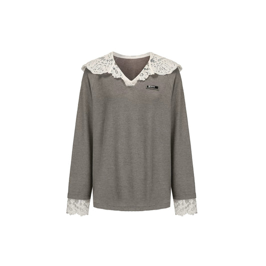 Oversized Lace-Hood Fleece Sweatshirt