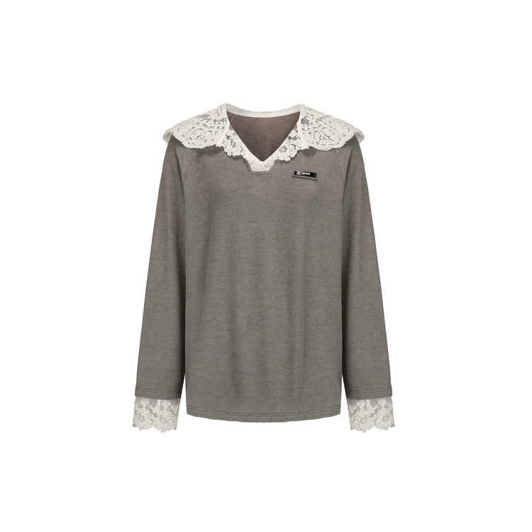 Oversized Lace-Hood Fleece Sweatshirt