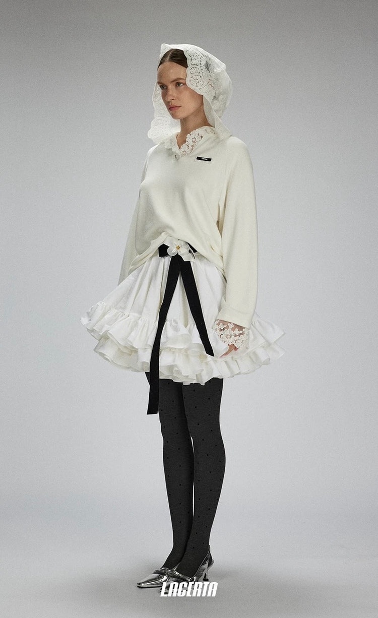 Oversized Lace-Hood Fleece Sweatshirt