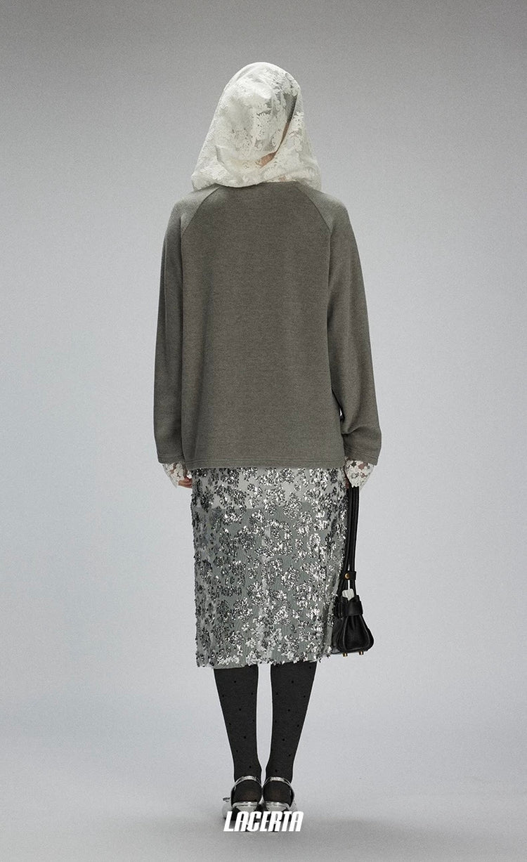 Oversized Lace-Hood Fleece Sweatshirt
