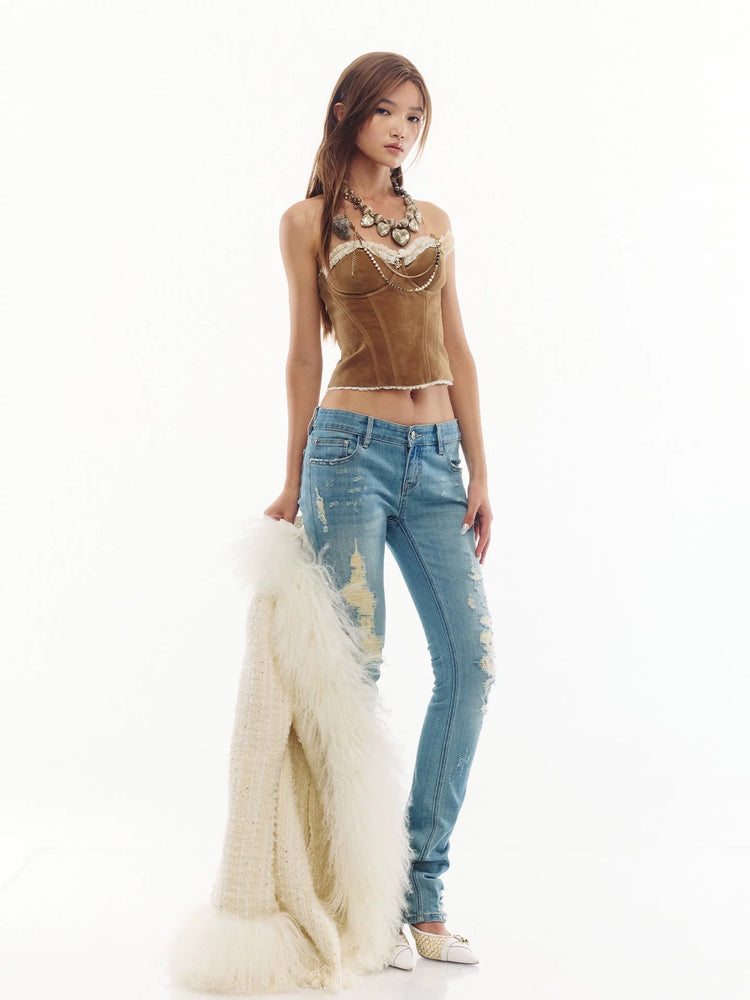 Suede Lace Rhinestone Chain Corset Top
