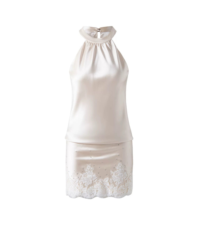 Lace-Trimmed Rhinestone Fur Collar Halter Dress