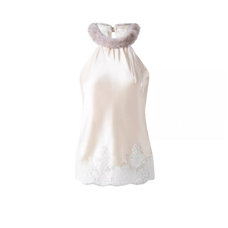 Lace-Trimmed Acetate Fur Collar Halter Top