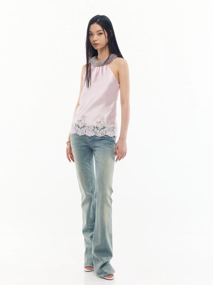 Lace-Trimmed Acetate Fur Collar Halter Top