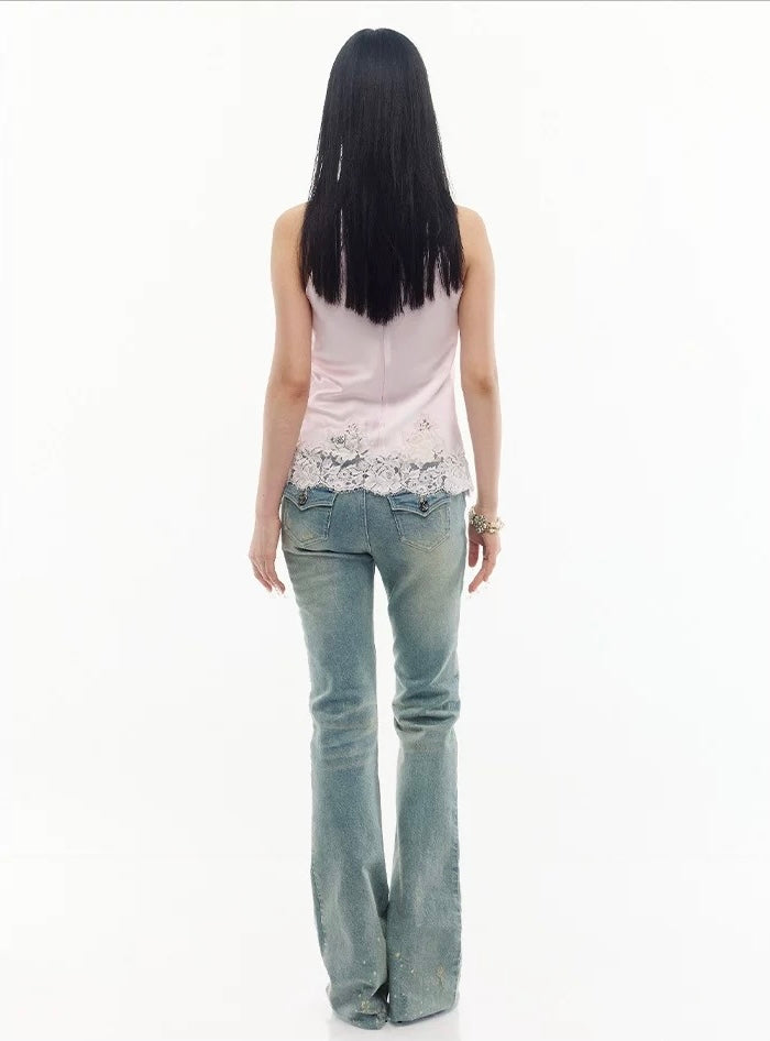 Lace-Trimmed Acetate Fur Collar Halter Top