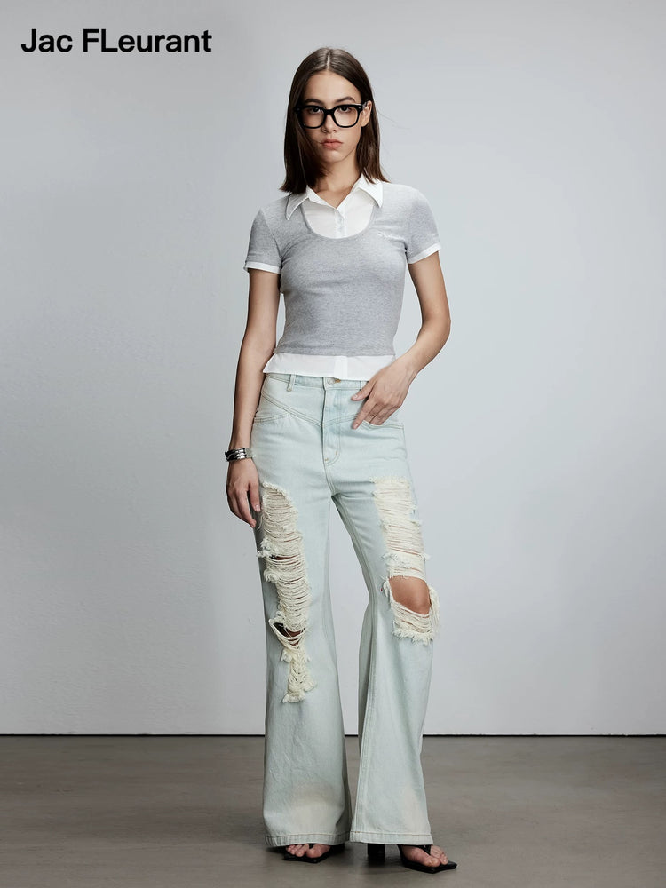 Shirt-Collar Faux Two-Piece Top