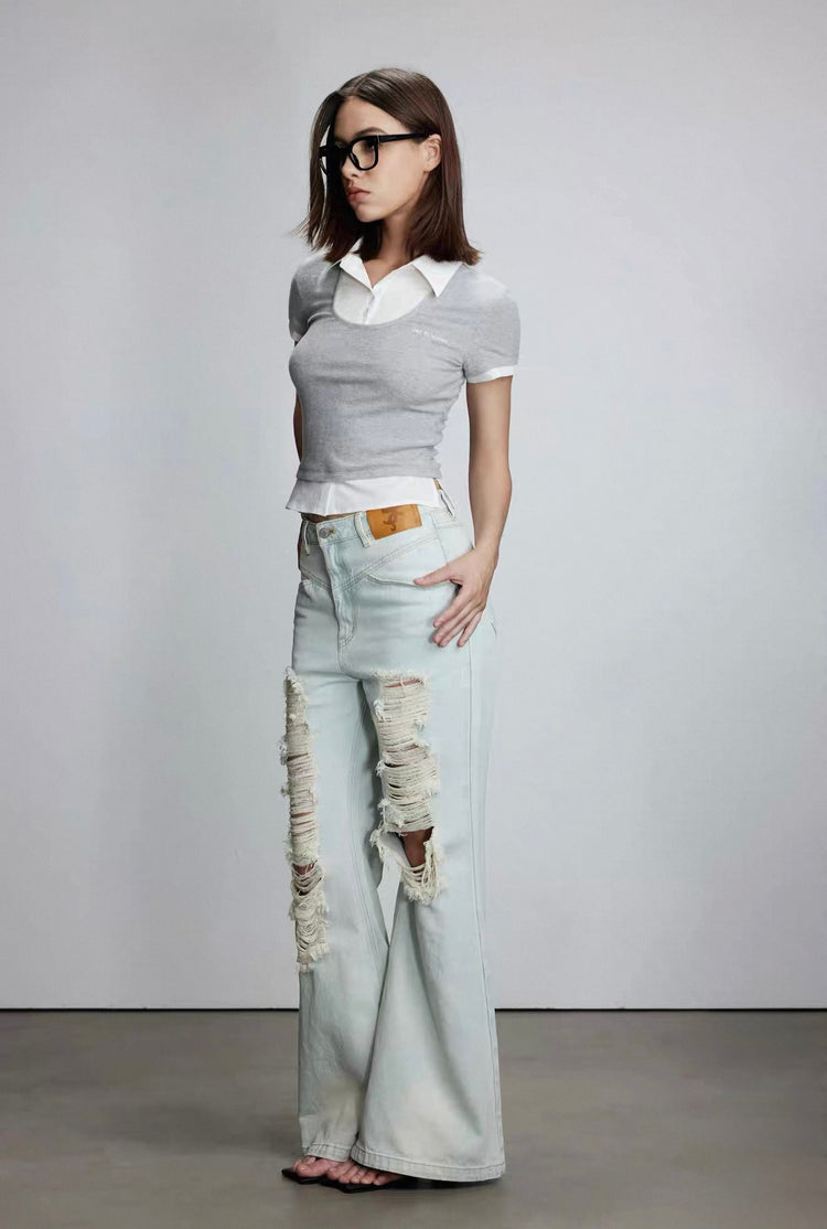 Shirt-Collar Faux Two-Piece Top