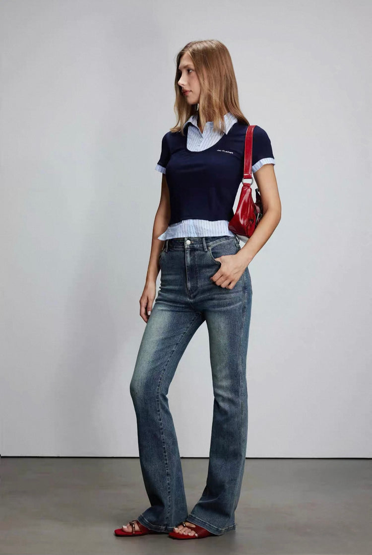 Shirt-Collar Faux Two-Piece Top