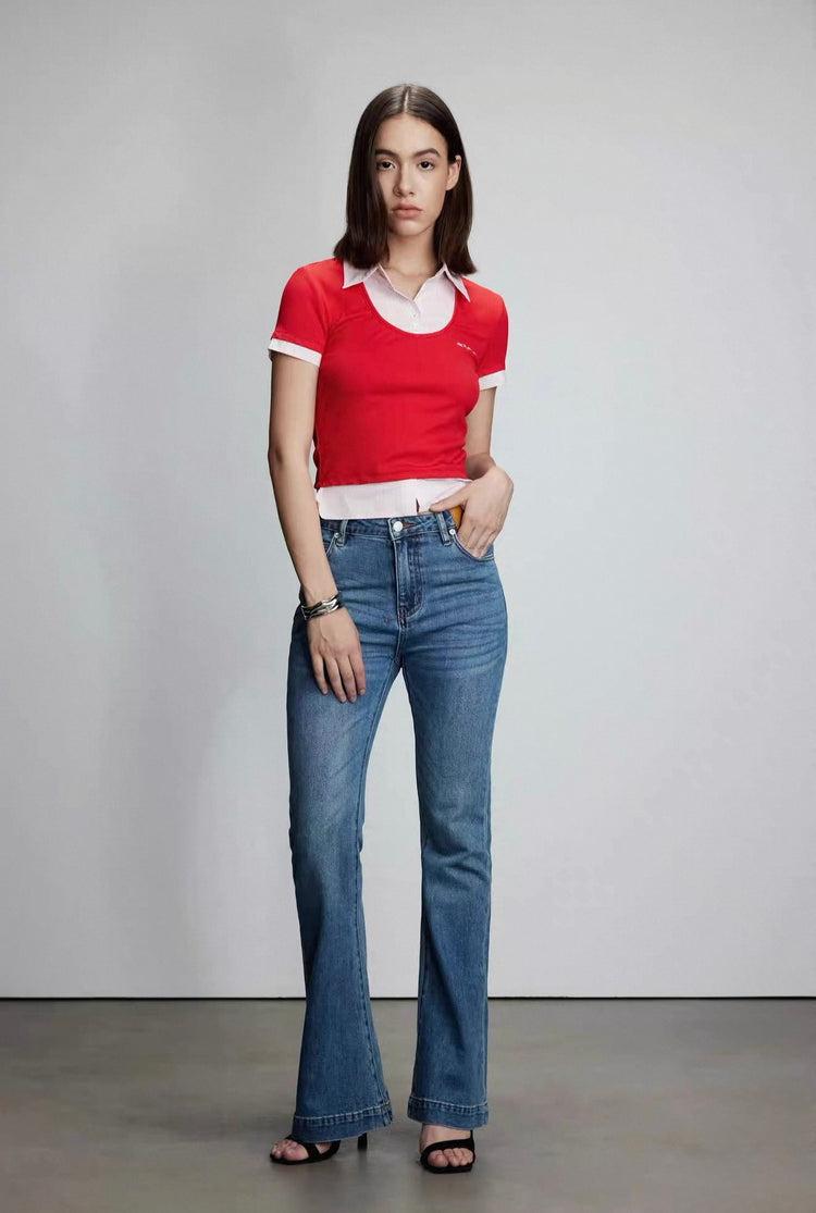 Shirt-Collar Faux Two-Piece Top