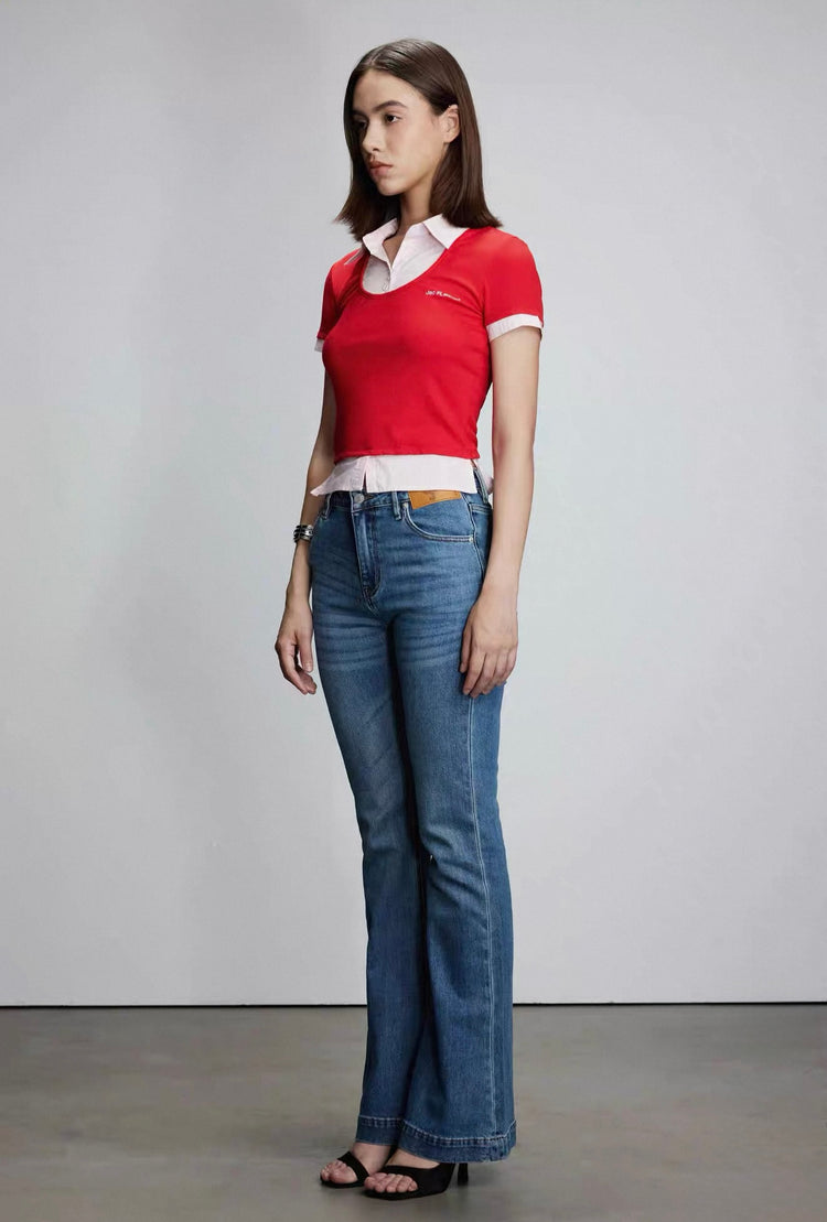 Shirt-Collar Faux Two-Piece Top