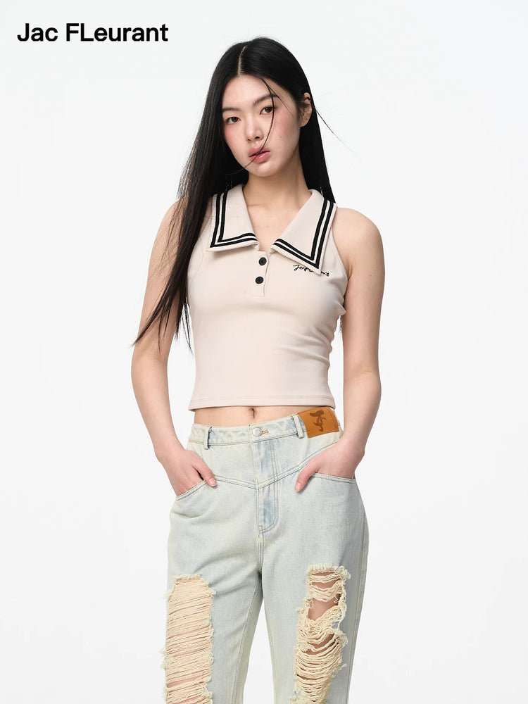 Sleeveless Polo-collar Tank Top