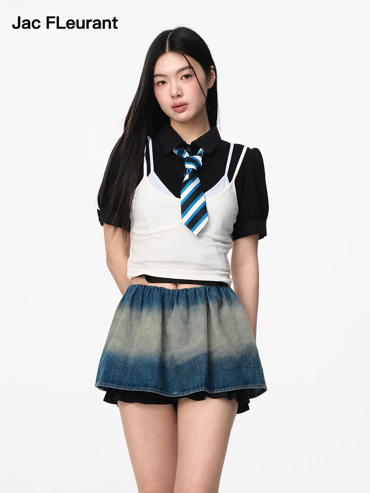 Blue White Paneled Slim-fit Camisole