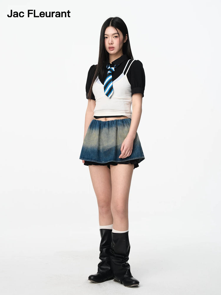 Blue White Paneled Slim-fit Camisole