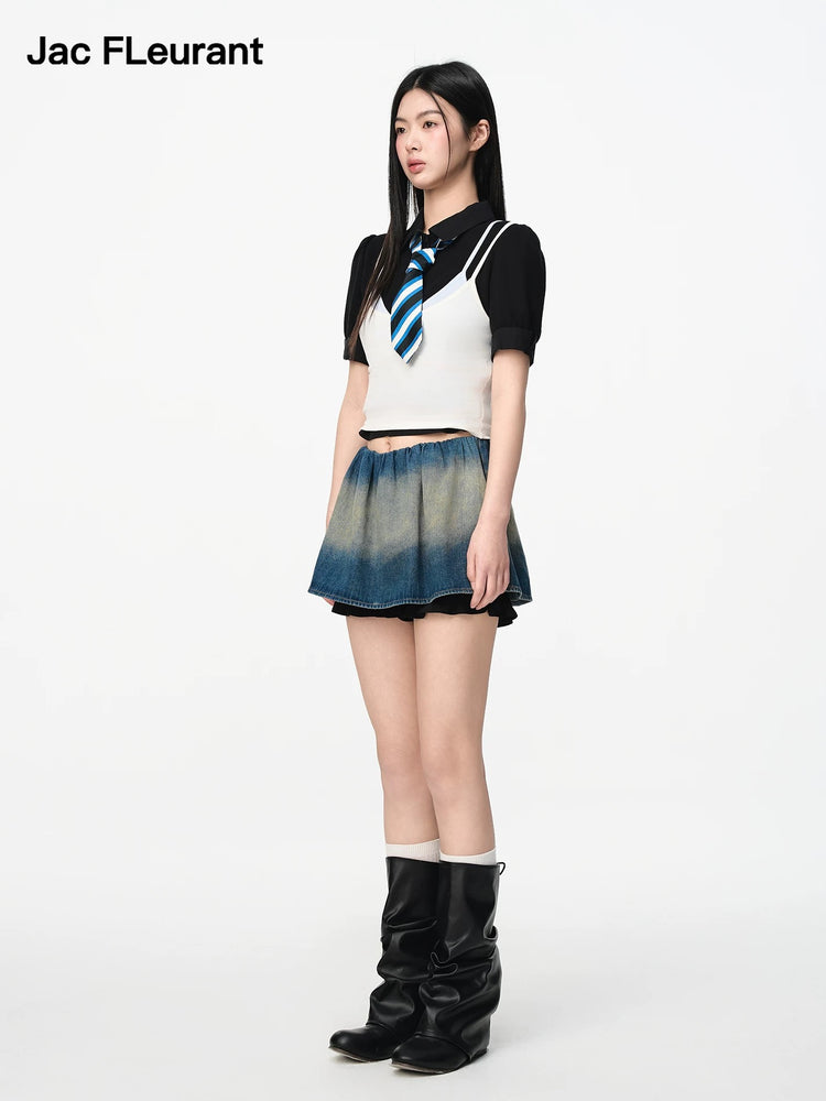 Blue White Paneled Slim-fit Camisole