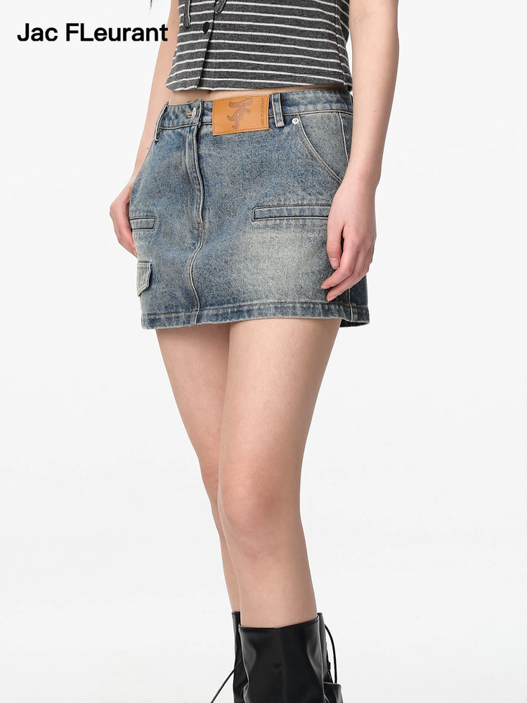 Washed Pocket Vintage Denim Skirt
