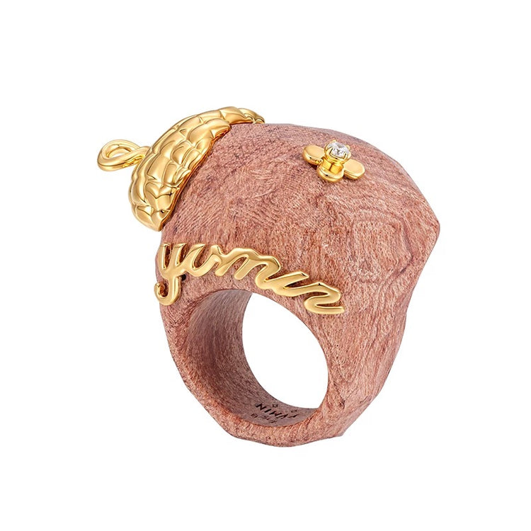 Wooden Acorn Cross-flower Ring