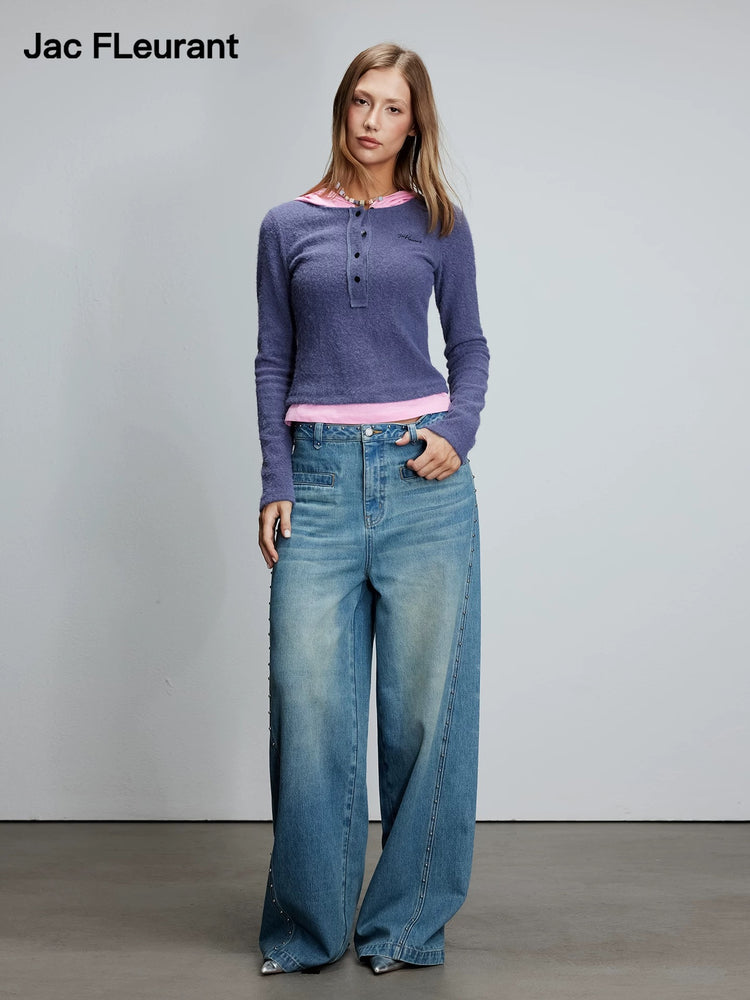 Knitted Patchwork Faux-Two-Piece Hooded Top