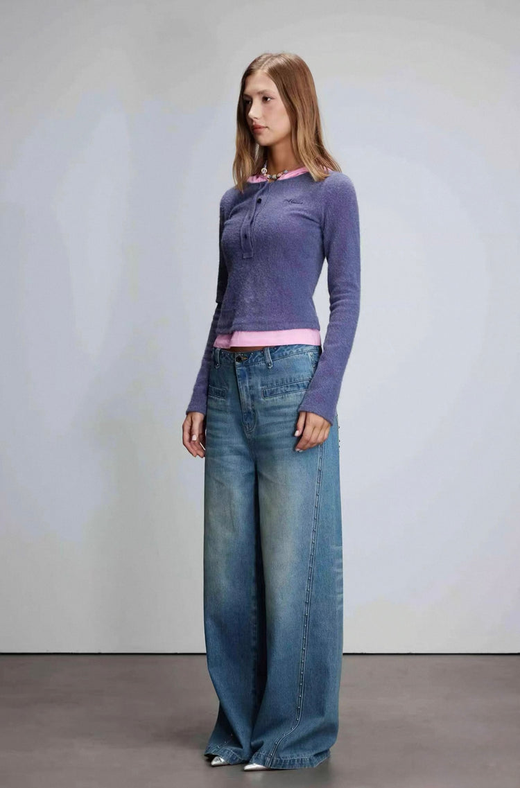 Knitted Patchwork Faux-Two-Piece Hooded Top