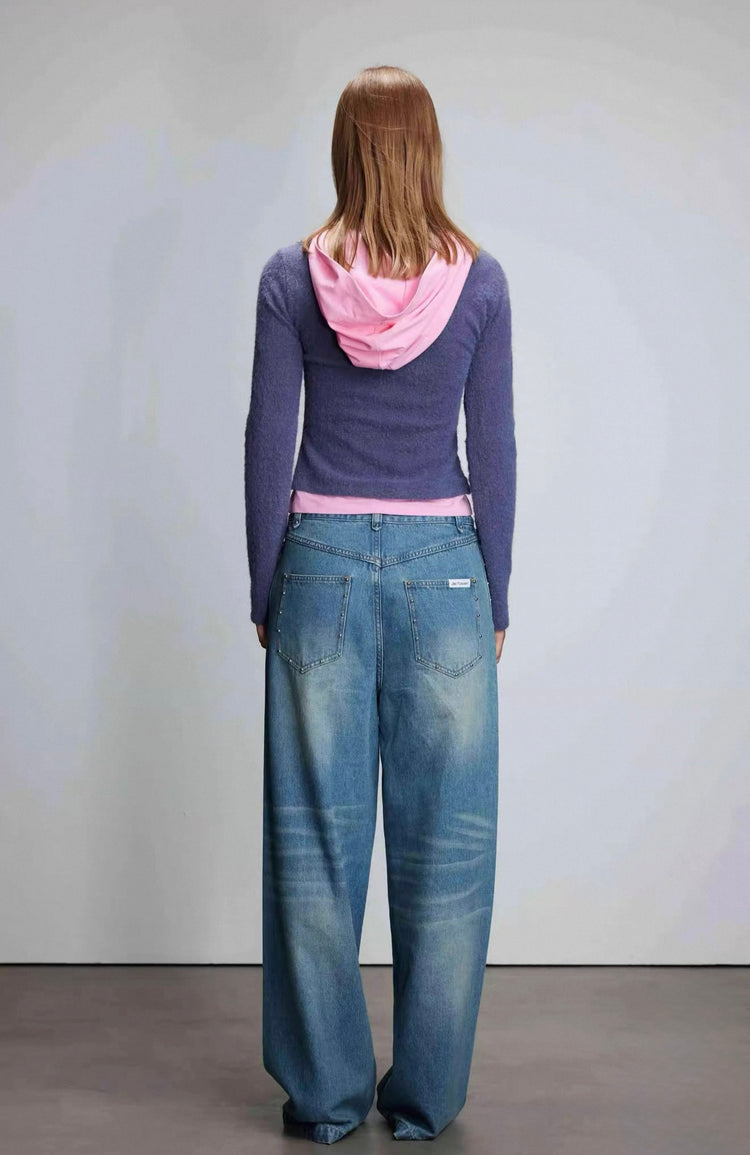 Knitted Patchwork Faux-Two-Piece Hooded Top