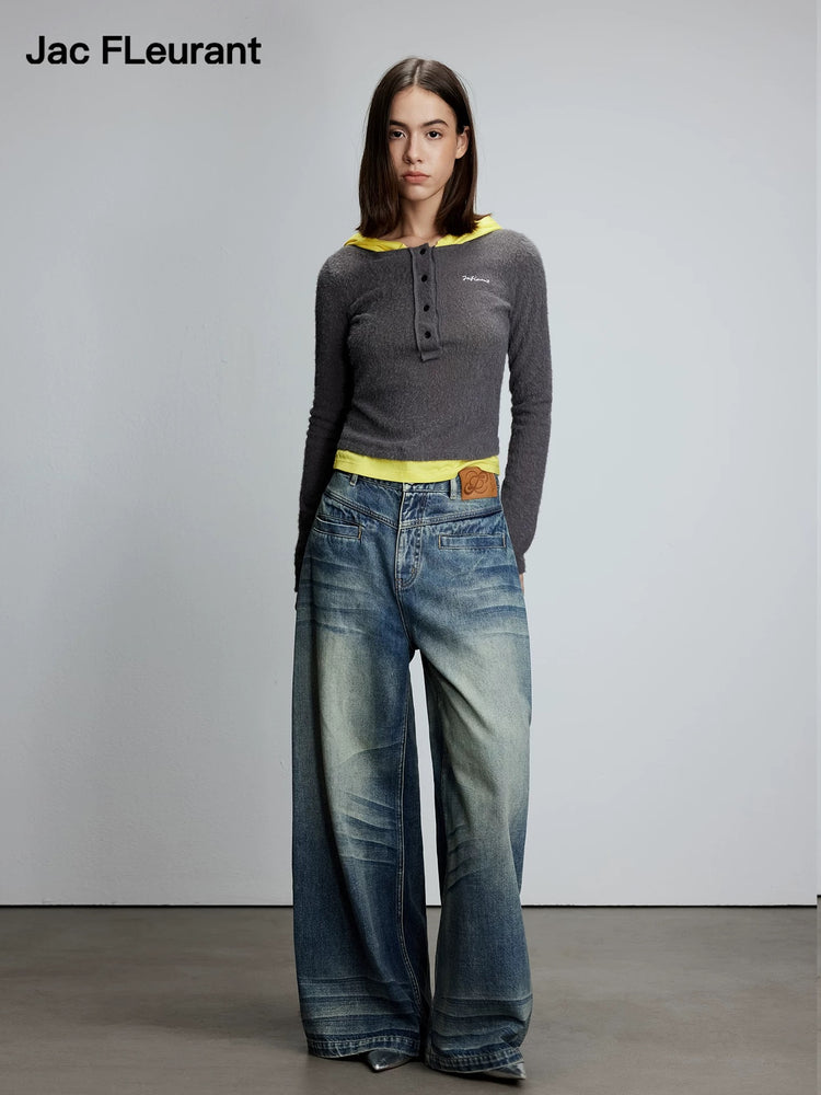 Knitted Patchwork Faux-Two-Piece Hooded Top