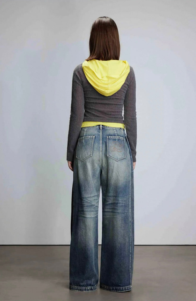 Knitted Patchwork Faux-Two-Piece Hooded Top