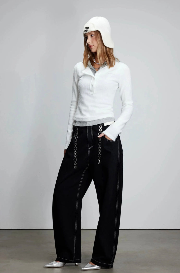 Knitted Patchwork Faux-Two-Piece Hooded Top