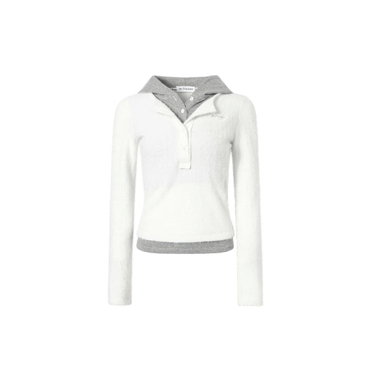 Knitted Patchwork Faux-Two-Piece Hooded Top