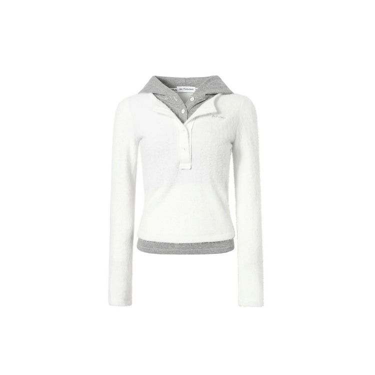 Knitted Patchwork Faux-Two-Piece Hooded Top