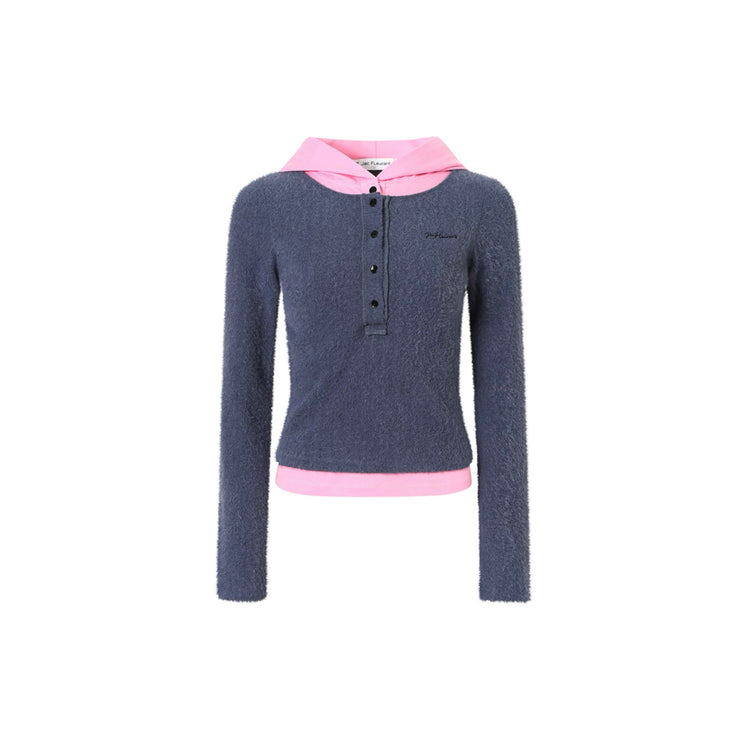 Knitted Patchwork Faux-Two-Piece Hooded Top