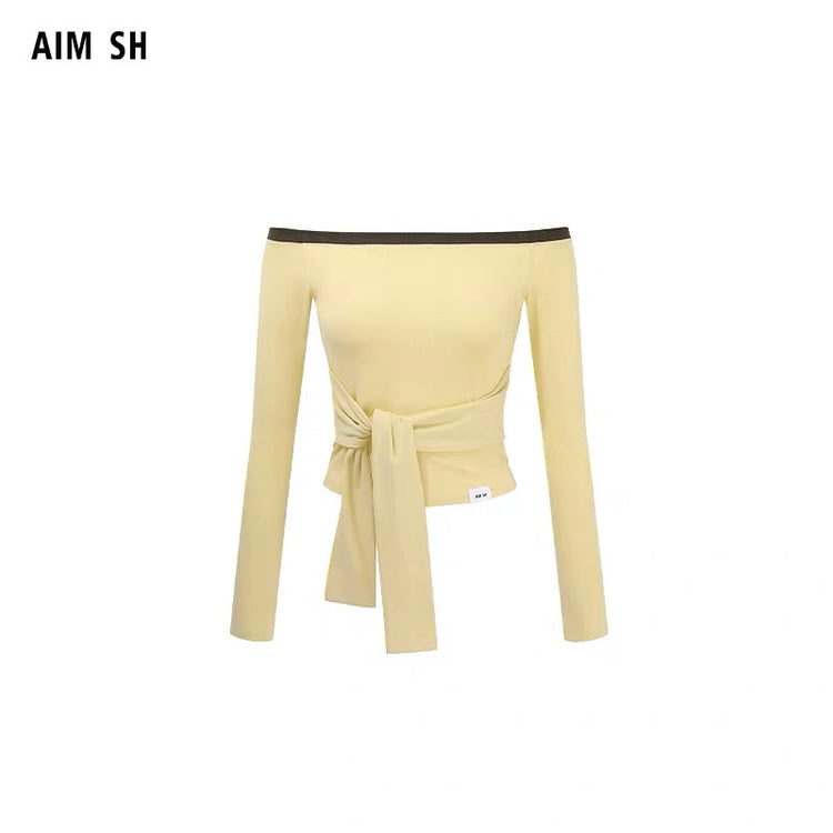 Contrast-Color Off-Shoulder Knotted Waist Fitted Top