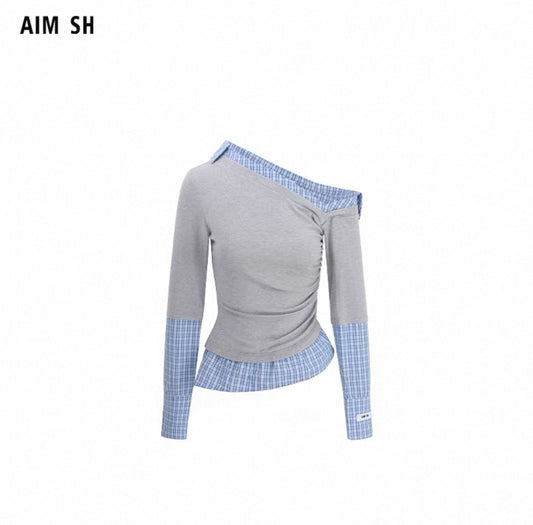 Blue Plaid Asymmetric-Collar Patchwork Shirt Top