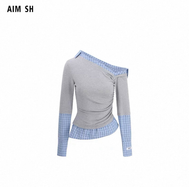 Blue Plaid Asymmetric-Collar Patchwork Shirt Top