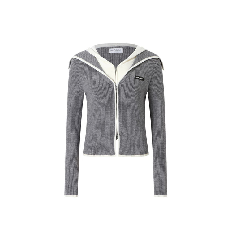 Navy-collar Faux-two-piece Zip Wool Knit Top