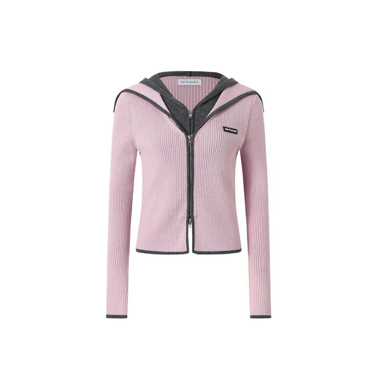 Navy-collar Faux-two-piece Zip Wool Knit Top