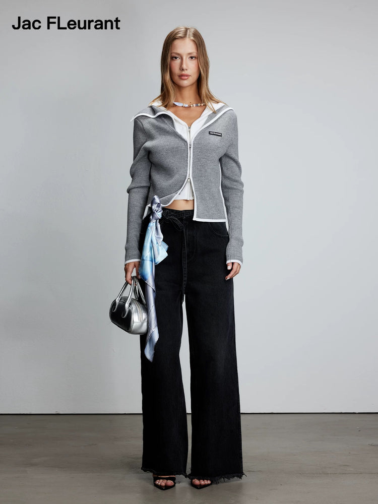 Navy-collar Faux-two-piece Zip Wool Knit Top