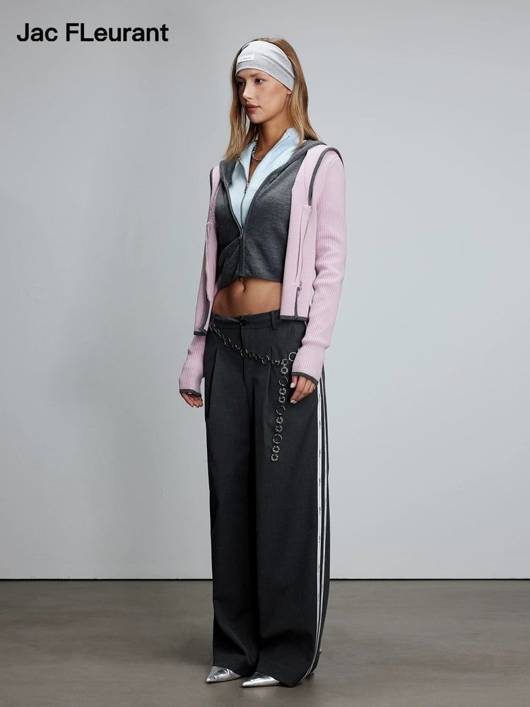 Navy-collar Faux-two-piece Zip Wool Knit Top