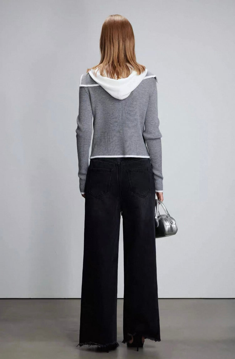 Navy-collar Faux-two-piece Zip Wool Knit Top