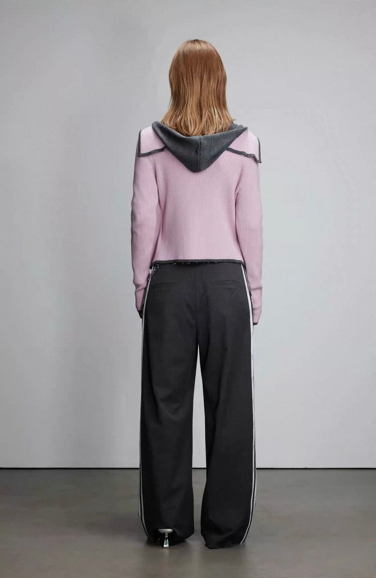 Navy-collar Faux-two-piece Zip Wool Knit Top