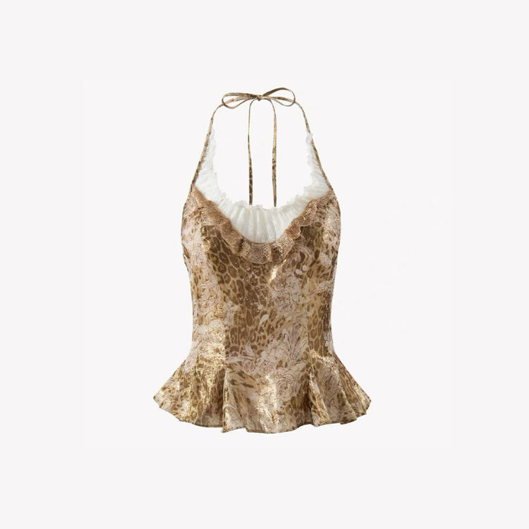 Ruffled Tie-front Beaded Lace Halter Top