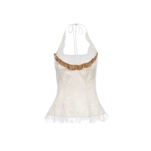 Ruffled Tie-front Beaded Lace Halter Top
