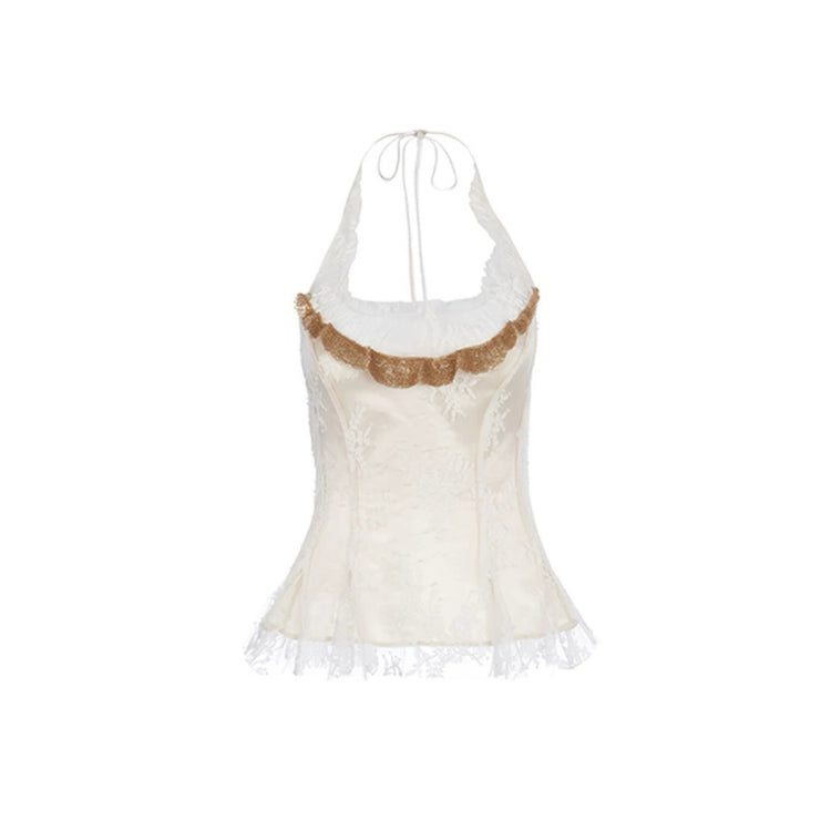 Ruffled Tie-front Beaded Lace Halter Top